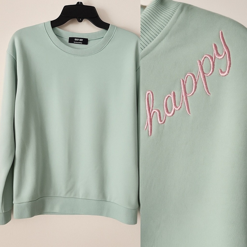 Jolie & Joy "Happy" Sweatshirt Women Large Mint Green Embroidered Graphic